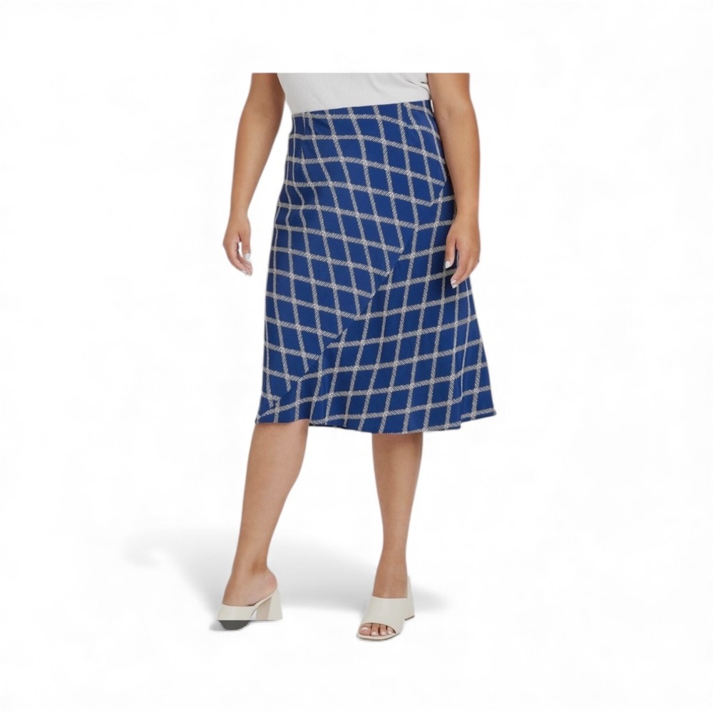Ava & Viv Skirt Plus Size 2X Midi Blue Plaid Windowpane Career Modest Church